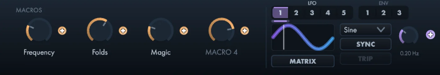 Macro knobs, LFO and envelope follower tabs
